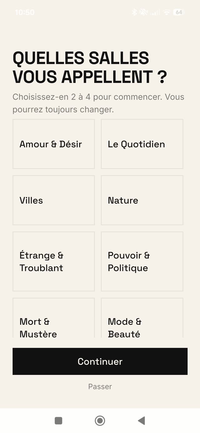 Capture d'écran de l'onboarding Tiny Detail : choix des salles thématiques.